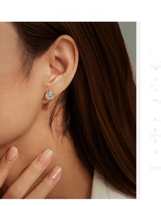 Close-up of 8mm rose-cut silver stud earring worn by a model showing brilliant sparkle