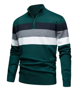 Macro detail of men's slim fit half-zip sweater with green and grey horizontal stripes