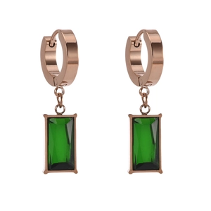 Detailed close-up of rectangular emerald green gemstone earrings with rose gold plating