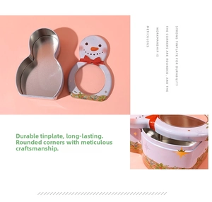 Detailed view of snowman tinplate candy box with clear window and smooth edges
