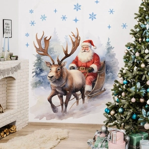 Christmas Wall Sticker Watercolor Santa Sleigh Reindeer Snowflake Removable PVC Self Adhesive Home Decor Decals