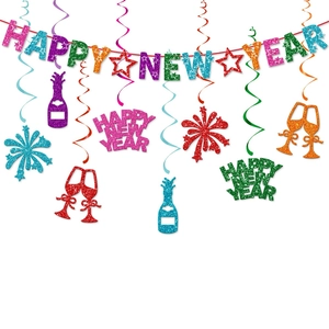 Glittery Happy New Year banner and spiral hanging swirls for 2026 party decorations