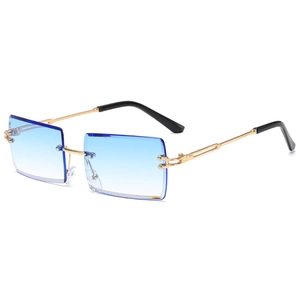 Lunettes de soleil rectangulaires sans monture avec verres dégradés bleus et branches dorées