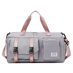 Large capacity travel gym bag in grey and pink waterproof nylon with shoe compartment