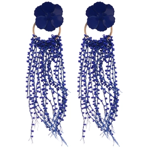 Deep blue flower tassel earrings with long beaded strands and gold finish for women