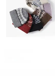 Detail of colorful jacquard knit beanies showing ribbed cuffs and Fair Isle patterns