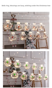 Detail of warm LED Christmas hanging light ball with snowman and festive tree inside