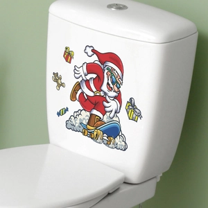 Weihnachtsmann auf Skateboard Toilettenaufkleber Wandsticker mit Geschenken und Teddy