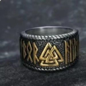 Vintage Viking warrior ring with golden Valknut symbol and Norse runes in silver finish