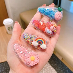 Kids quicksand hair clips set with cute animal and fruit sequins in resin