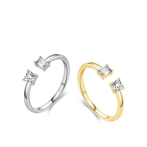 S925 sterling silver open rings with square zircon stones in silver and gold finish