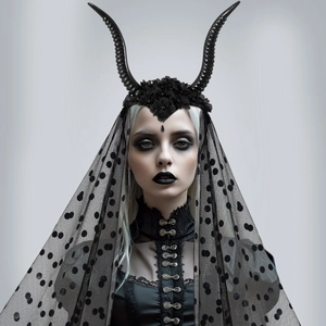 Gothic Halloween headpiece with black horns, dark floral details, and polka dot mesh veil