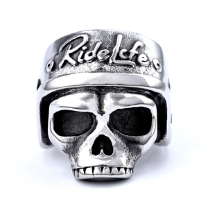Gothic stainless steel motorcycle helmet skull ring with Ride Life engraving