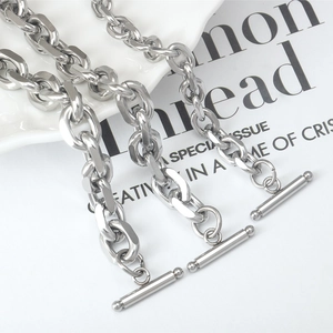 Punk style stainless steel OT buckle chain necklaces for couples on a white background