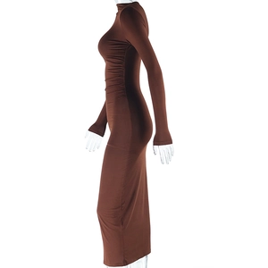 Detail showing side view of brown long sleeve bodycon dress with waist ruching detail