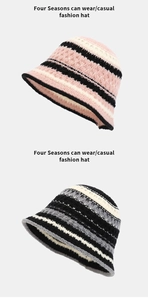 Detailed knit texture of colorful striped fisherman hats in pink and grey colorways