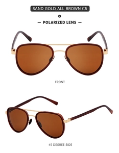 Detail view of pilot polarized sunglasses with gold metal frame and brown lenses