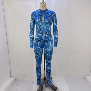 Detail of blue marble print bodysuit with chest cutout and long sleeves on a mannequin