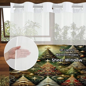 Sheer Christmas shower curtain detail showing semi-transparent fabric and festive tree patterns