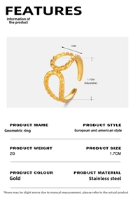 Detailed size specifications for the gold teardrop cutout stainless steel ring