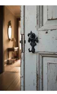 Detail of vintage black cast iron fleur-de-lis hook mounted on a white wooden door