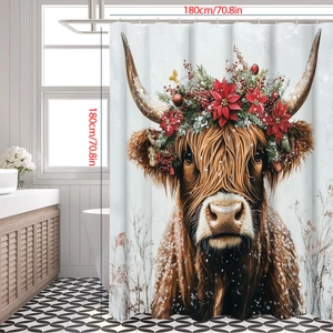 Close-up of Christmas Highland Cow shower curtain with poinsettia and berry wreath