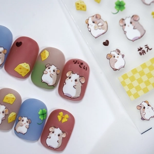 Cute cheese hamster and clover nail art stickers on matte press-on nails