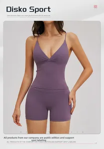 Detail view of purple V-neck yoga set including sports tank top and high-waist biker shorts