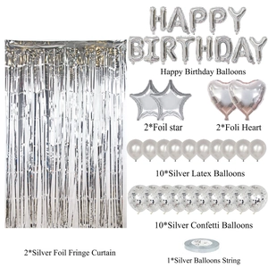 Silver birthday decoration kit with foil balloons, tinsel curtains and latex balloons