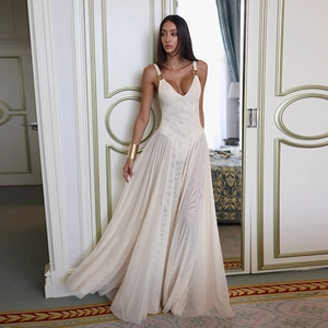 Women Sexy V Neck Mesh Maxi Dress Sleeveless Halter Metal Buckle Straps Sheer Slit Slim Fit Elegant Evening Party Clubwear