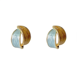 French style blue and brown enamel knot clip-on earrings in gold-tone metal base