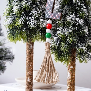 Christmas wooden bead garland with red green plaid letter L and jute tassel decoration