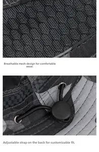 Detail of outdoor sun hat featuring camouflage fabric, breathable mesh, and adjustable cord