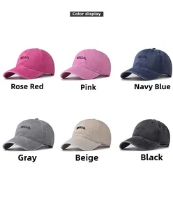 Vue détaillée des casquettes en coton délavé avec broderie HELLO en six couleurs variées
