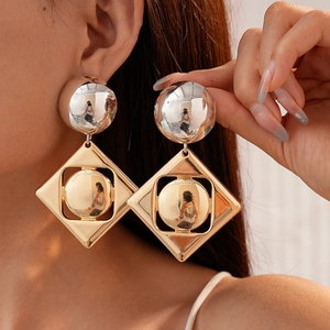 Geometric Chunky Dangle Earrings For Women Alloy Metal With 925 Sterling Silver Earring Post Square Round Contrast