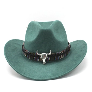 Detail of dark green suede cowboy hat with colorful woven band and silver bull skull charm
