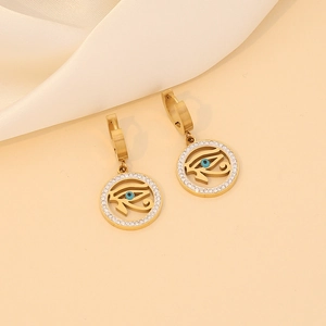 Golden Eye of Horus huggie earrings with blue crystal and rhinestones on silk