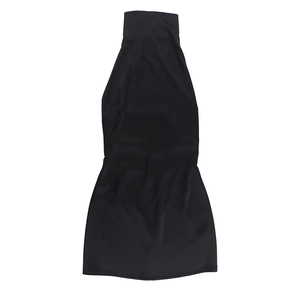 Detail of black halter neck mini dress showing smooth fabric and tight-fitting design