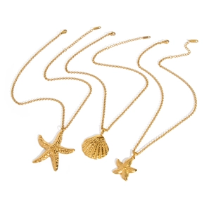 Gold stainless steel necklaces with shell and starfish pendants on an O-chain link