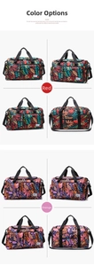 Detail view of large travel tote bags with leaf prints in red and orange colors
