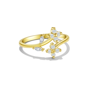 Adjustable 925 silver gold ring with white flowers and marquise-cut zircon accents