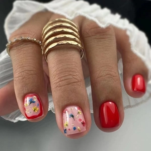 Wine Red Press On Nails Short Square Round Glossy Floral Print Dried Flower Gold Foil Elegant Manicure With Glue