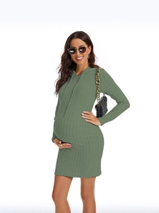Slim fit long sleeve hooded knit maternity dress in sage green with drawstring