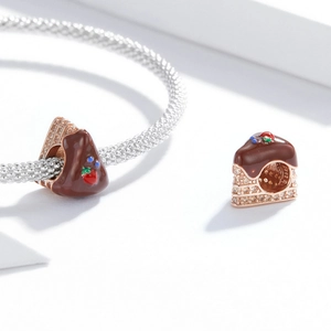 S925 sterling silver chocolate cake slice charm with enamel and inlaid gemstones