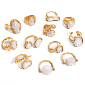 Artificial Baroque Pearl Rings For Women Stainless Steel Gold Plated Irregular Geometric Finger Ring Vintage Aesthetic Jewelry Gift