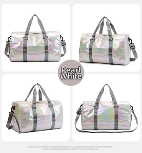 Pearlescent beige travel bag with side shoe compartment and adjustable shoulder straps