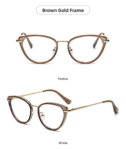Front and 45-degree side views of brown golden cat-eye eyewear with transparent frames