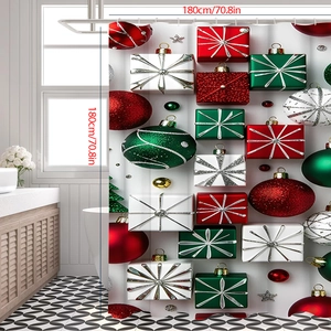 Detail of Christmas shower curtain with red and green gift box prints in a modern bathroom