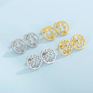 Korean style hollow round and figure stud earrings in gold and silver metal finishes