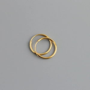 Macro shot of high-polish golden round hoop earrings with classic clasp on grey surface